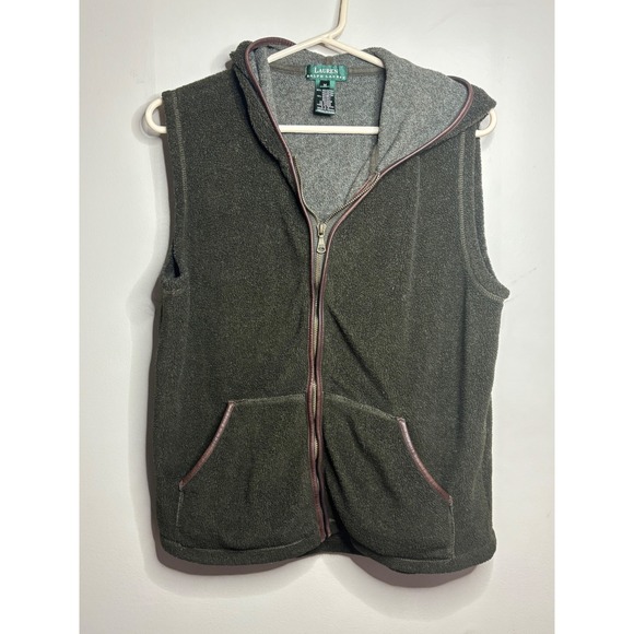 Lauren Ralph Lauren Fleece Hooded Vest Olive Green Full Zip Faux Leather Trim M - Picture 2 of 10